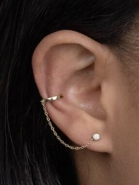 Minimalist 18kt Gold Ear Cuff Pave Lab Topaz Stud Chain Earrings